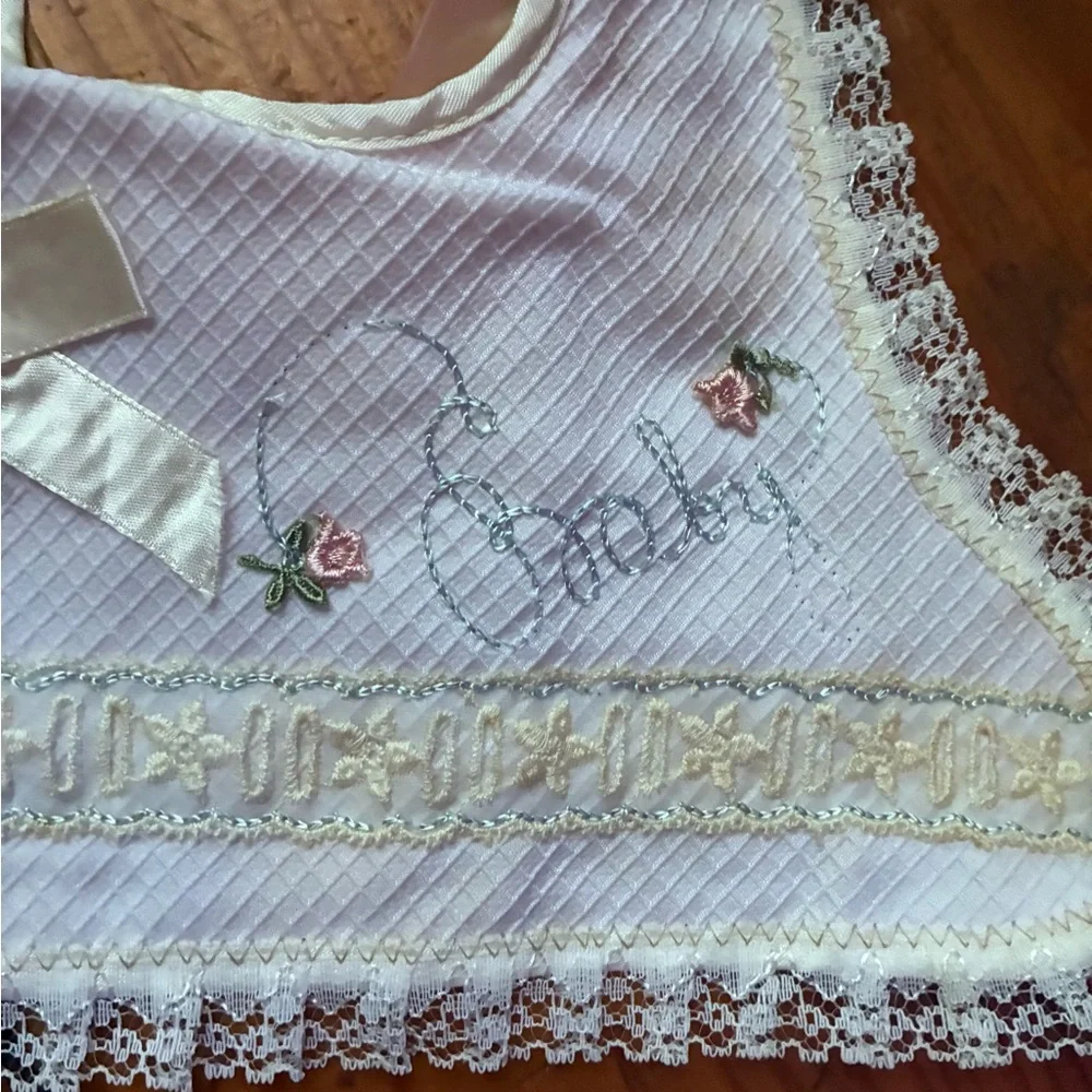 Vintage Delicate Ivory Lace Baby Bib with Bow
